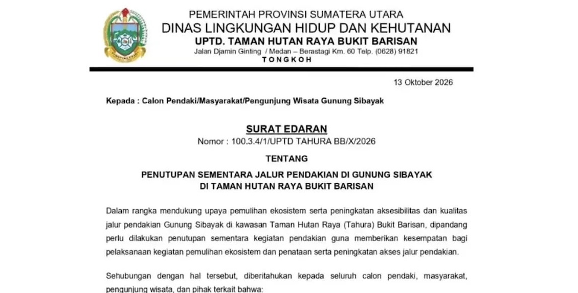 Pendakian Gunung Sibayak Ditutup Sebulan untuk Penataan Jalur Pendakian